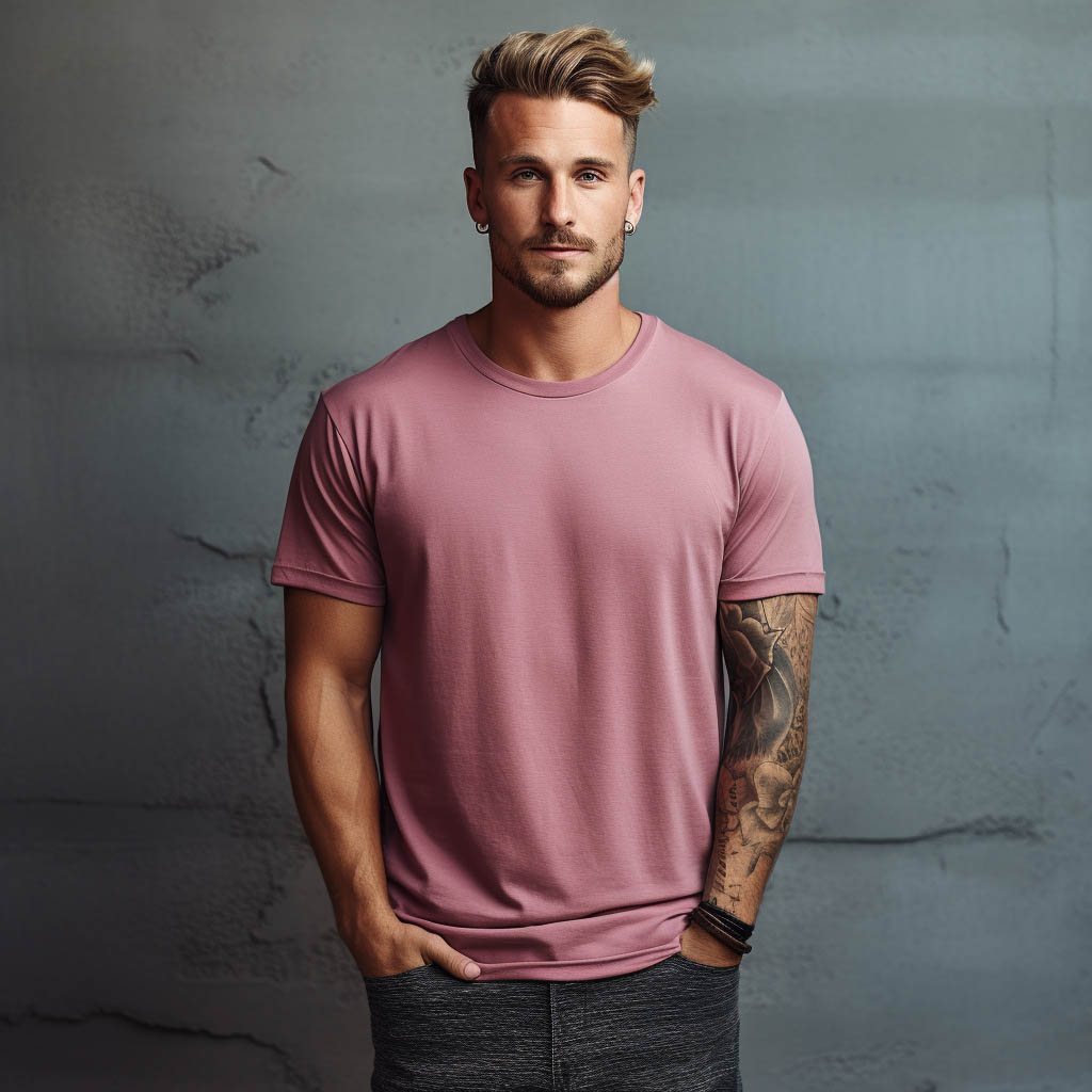 A man wears a t-shirt made of rayon fabric. Solid color