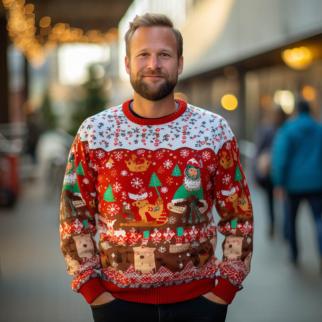 A man wears an ugly Christmas sweatshirt made from Cotton Or Cotton Blends fabric fabric