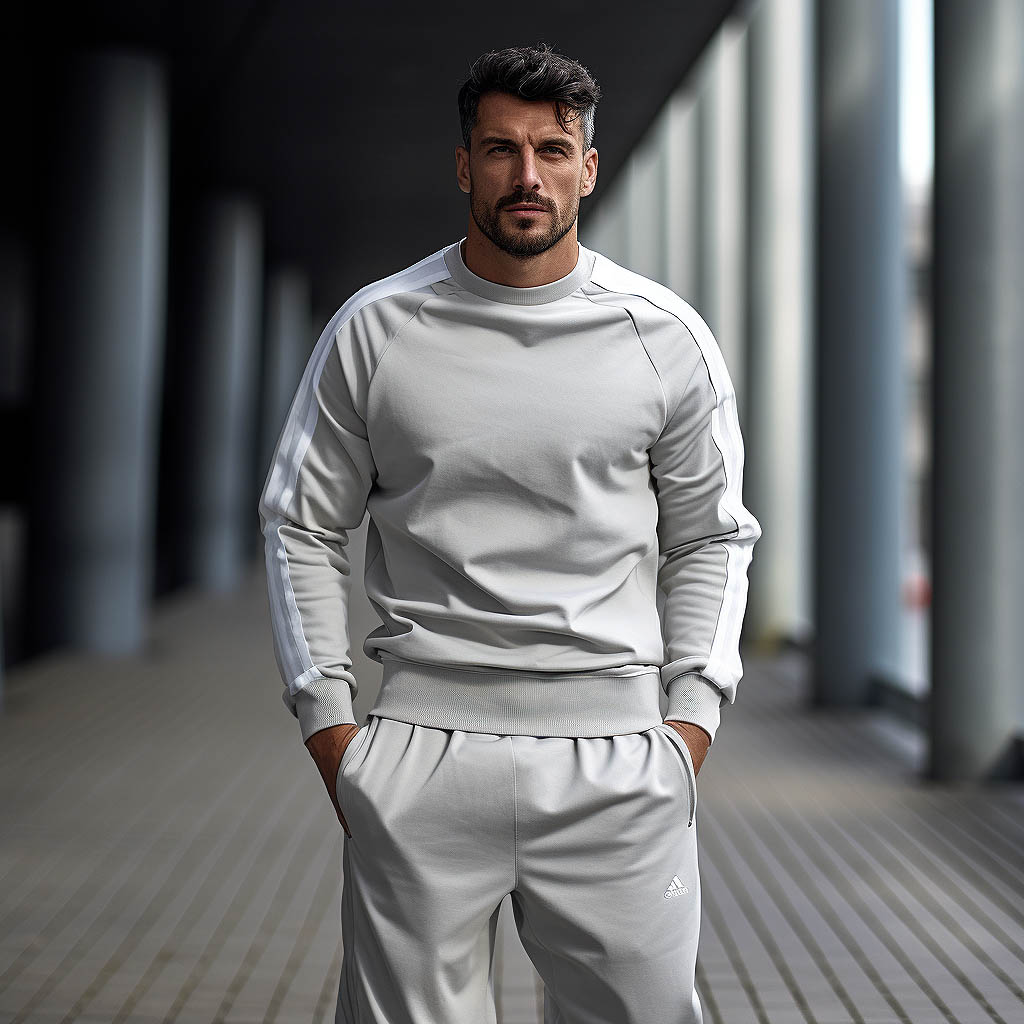 A man wears men's sportswear made of Cotton (Often Blended) fabric