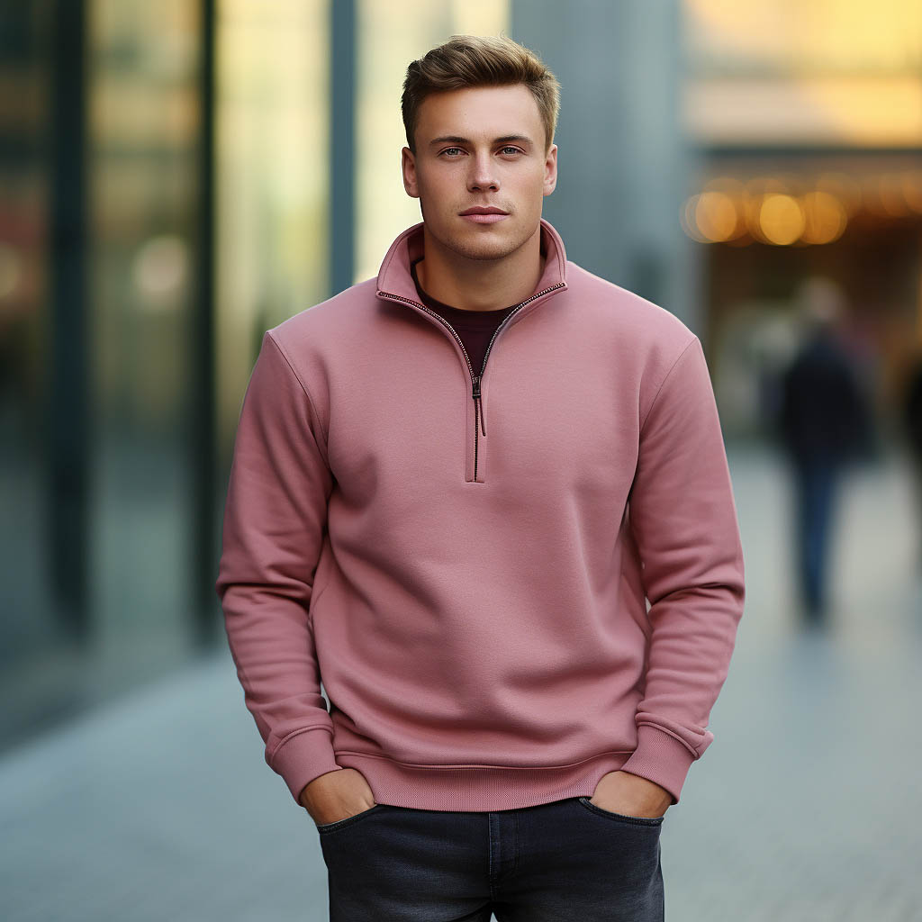 A person is wearing a half-zip sweatshirt. Note that it is a sweatshirt. It is a solid color.
