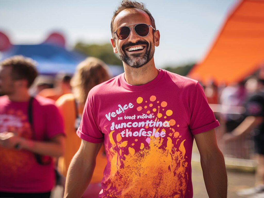 A person wears a printed theme and event design Designs and slogans related to specific events or themes (e.g. sports competitions, music festivals, charity events) can be printed on occasion-specific T-shirts for display against a solid color background