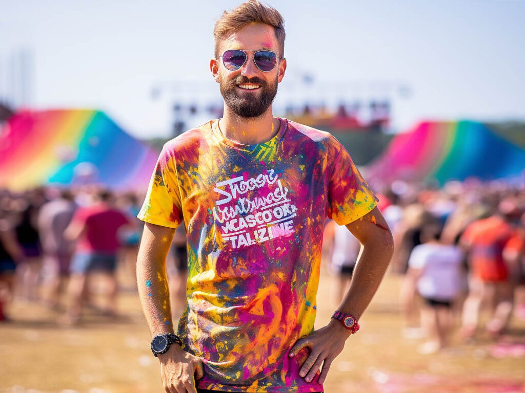 A person wears a printed theme and event design Designs and slogans related to specific events or themes (e.g. sports competitions, music festivals, charity events) can be printed on occasion-specific T-shirts for display against a solid color background