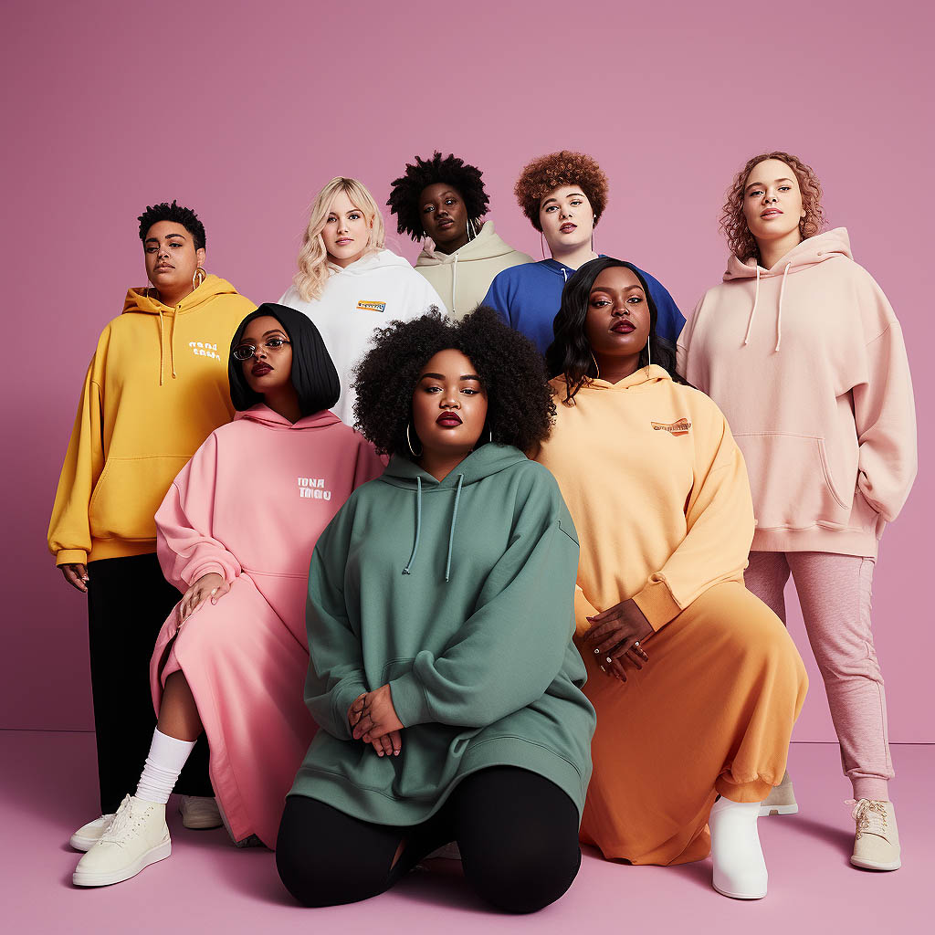A representation of size inclusivity in oversized hoodies showcases a diverse group of individuals of various body types proudly wearing these fashion staples.