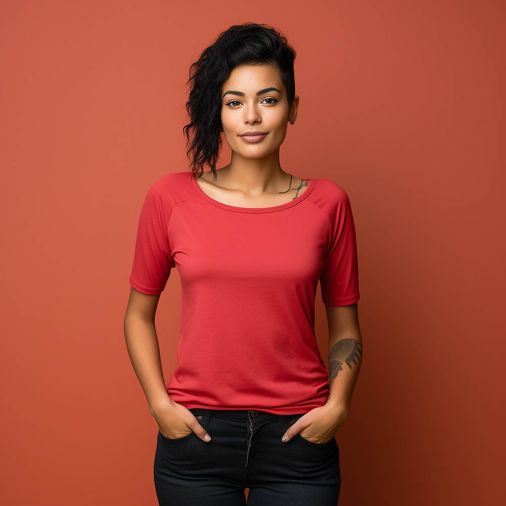 A woman wearing a 3/4 sleeve t-shirt with a solid color background