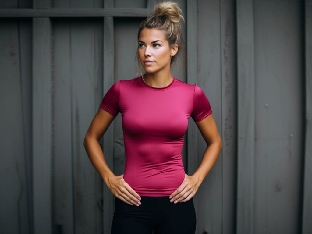 A woman wearing a compression T-shirt solid color is playing
