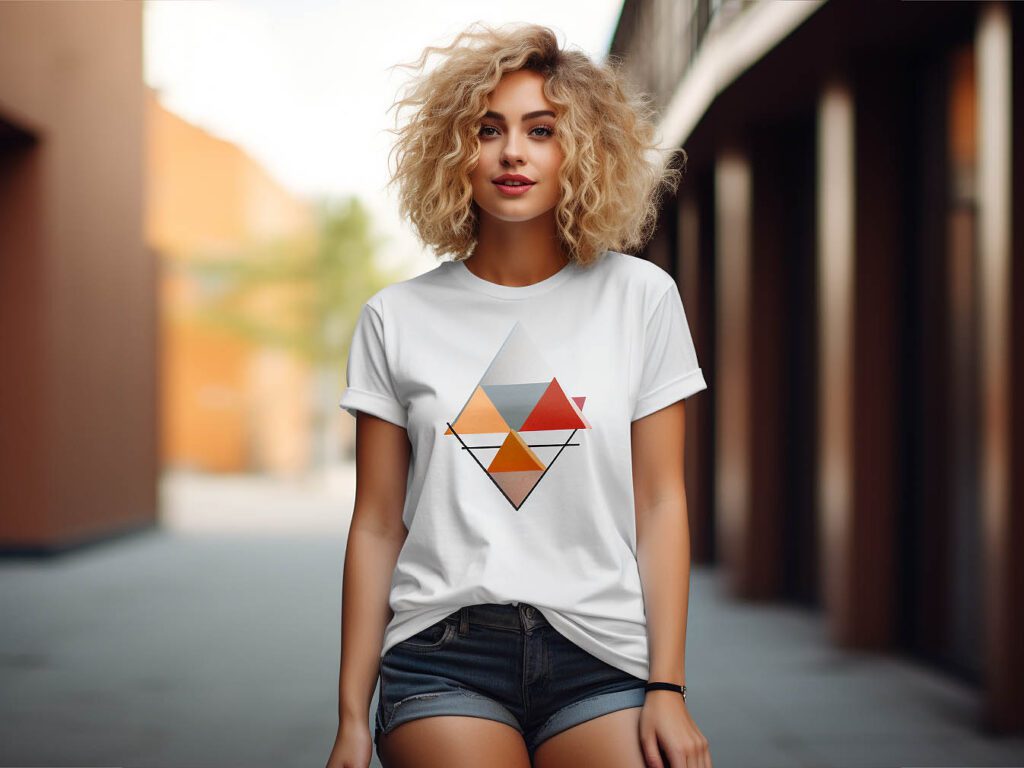 A woman wearing a custom T-shirt with simple geometric shapes or complex illustrations