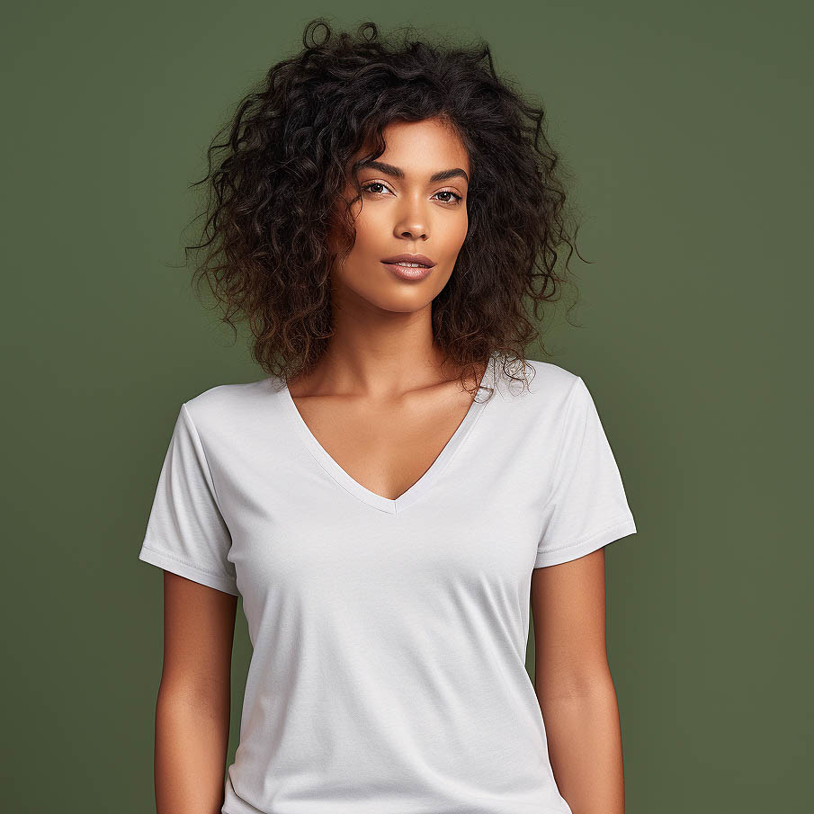 A woman wearing a custom deep v-neck t-shirt against a solid color background