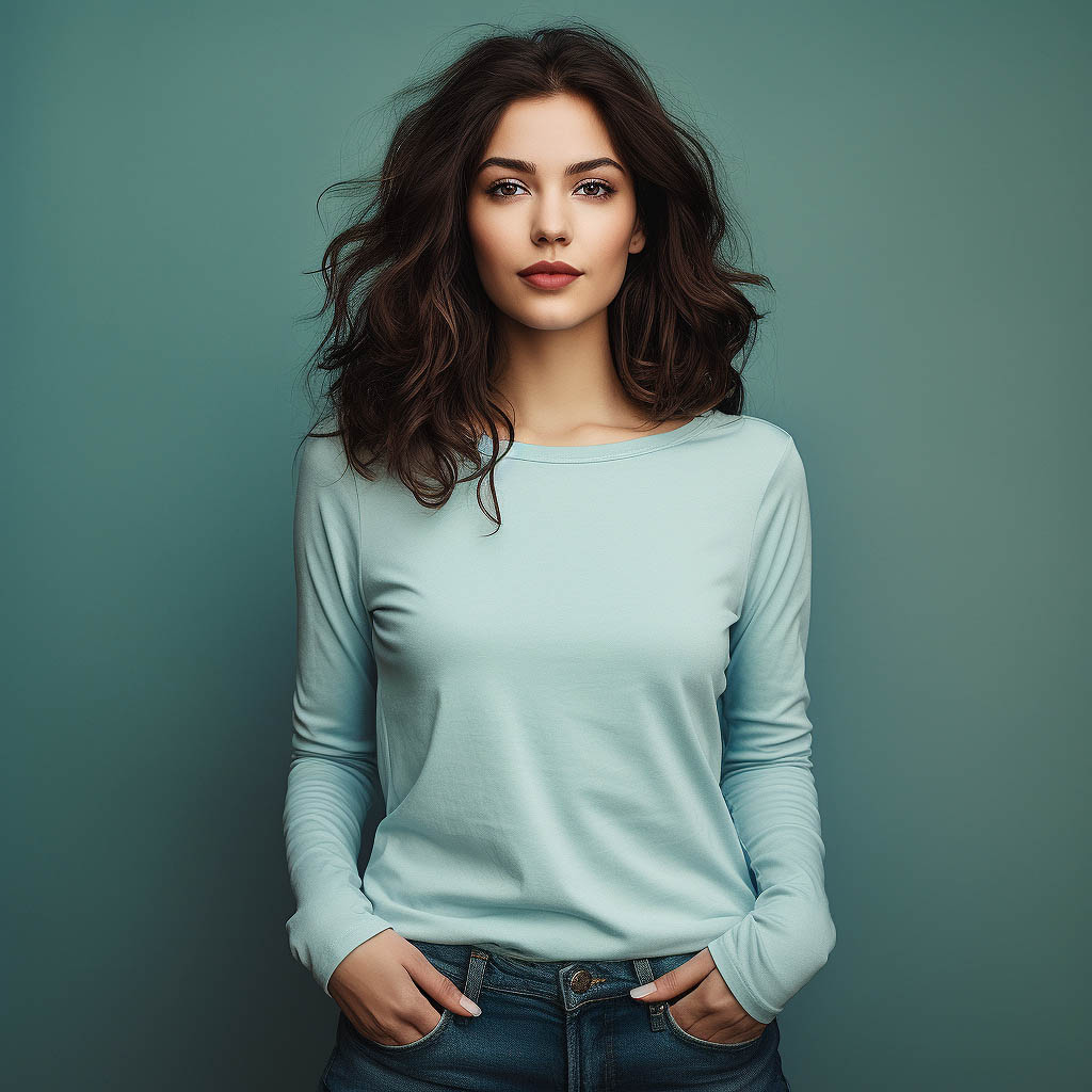 A woman wearing a long-sleeved t-shirt on a solid background