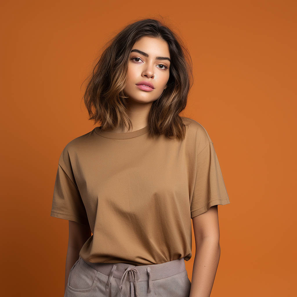 A woman wearing a loose T-shirt against a solid color background