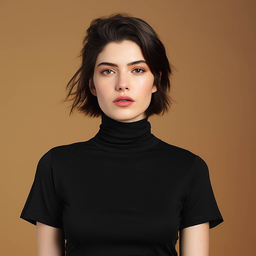 A woman wearing a polo neck t-shirt against a solid background