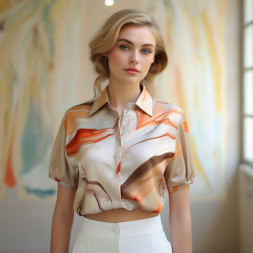 A woman wearing a polo shirt made of Silk fabric