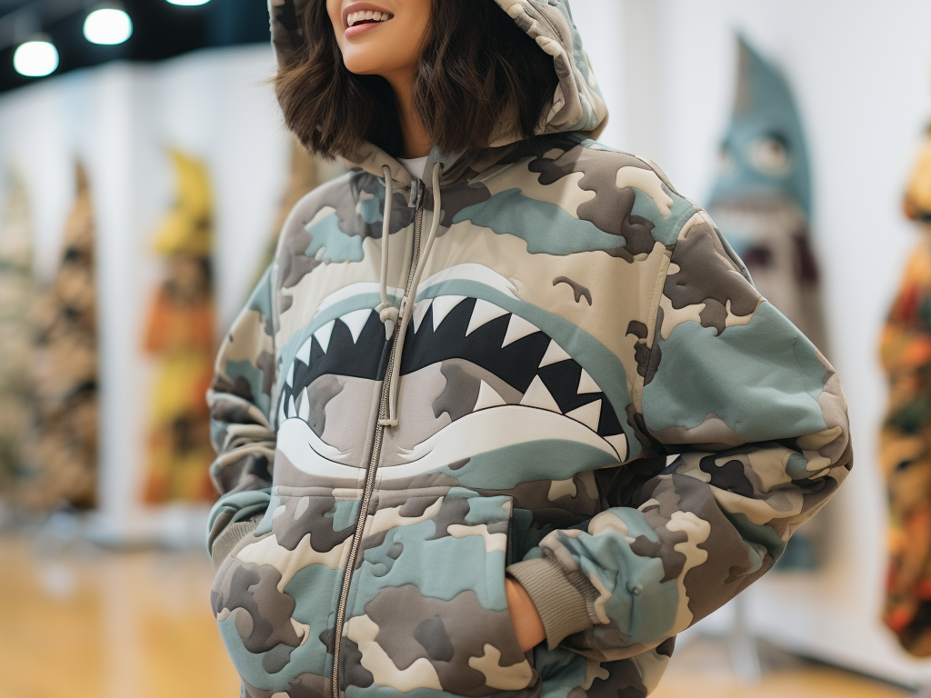 A woman wearing a shark camo bape hoodie made of nylon fabric on display
