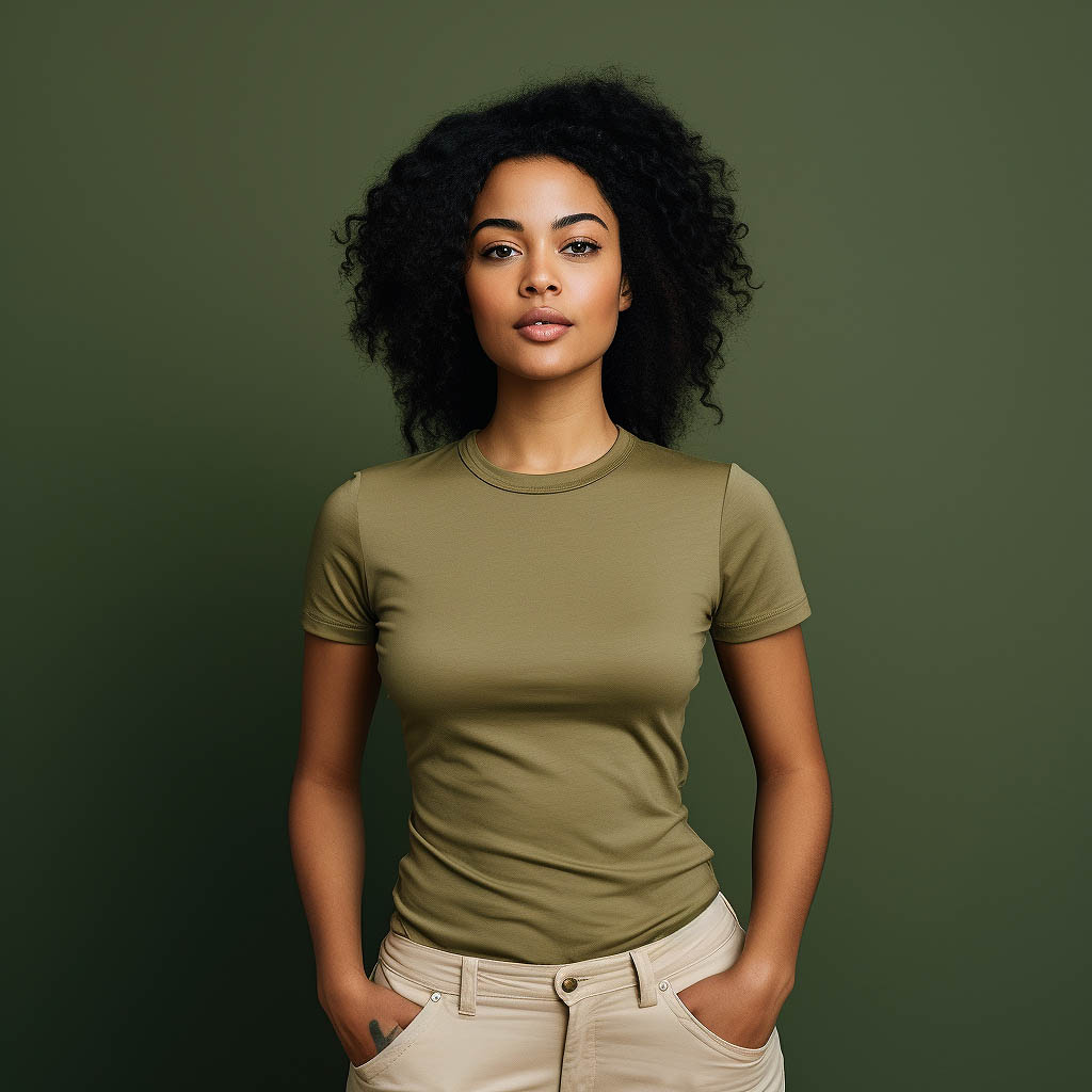 A woman wearing a slim fit T-shirt against a solid background