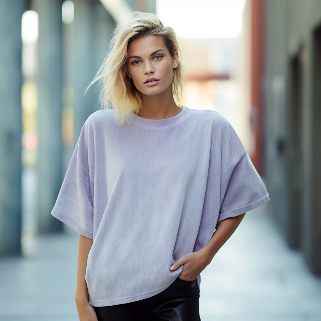 woman wearing an acid wash oversized t-shirt