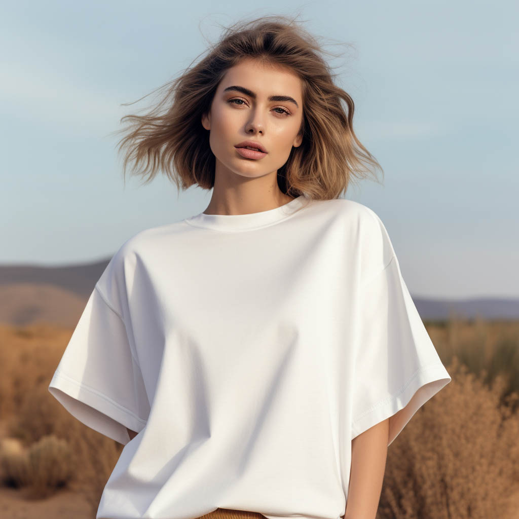 A woman wearing an oversized t-shirt made of organic cotton fabric solid color