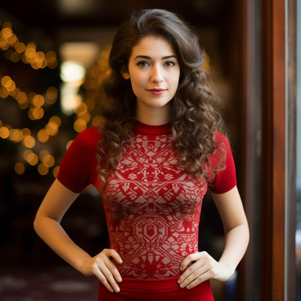 A woman wears a Christmas T-shirt made of wool blend fabric