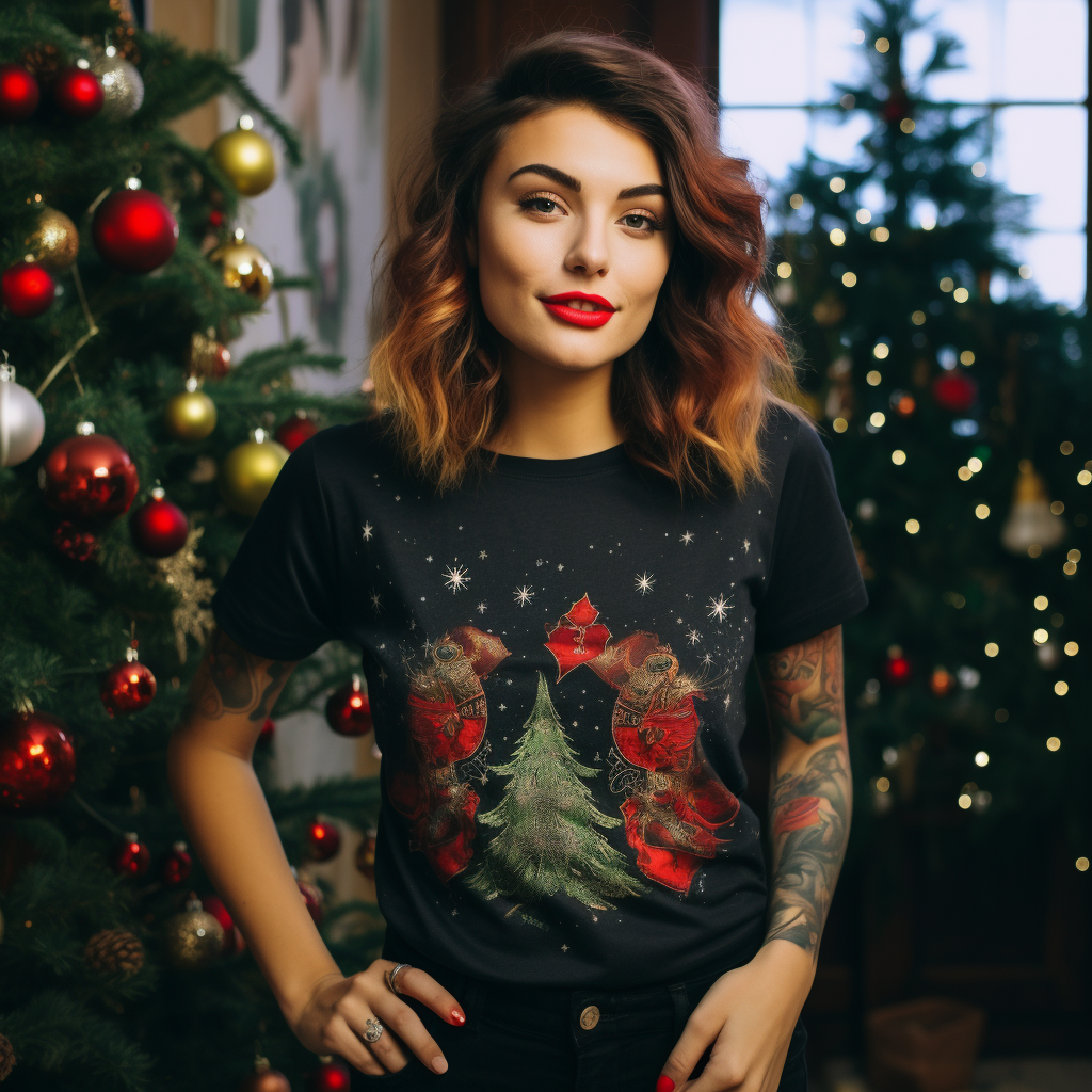 A woman wearing a Christmas T-shirt