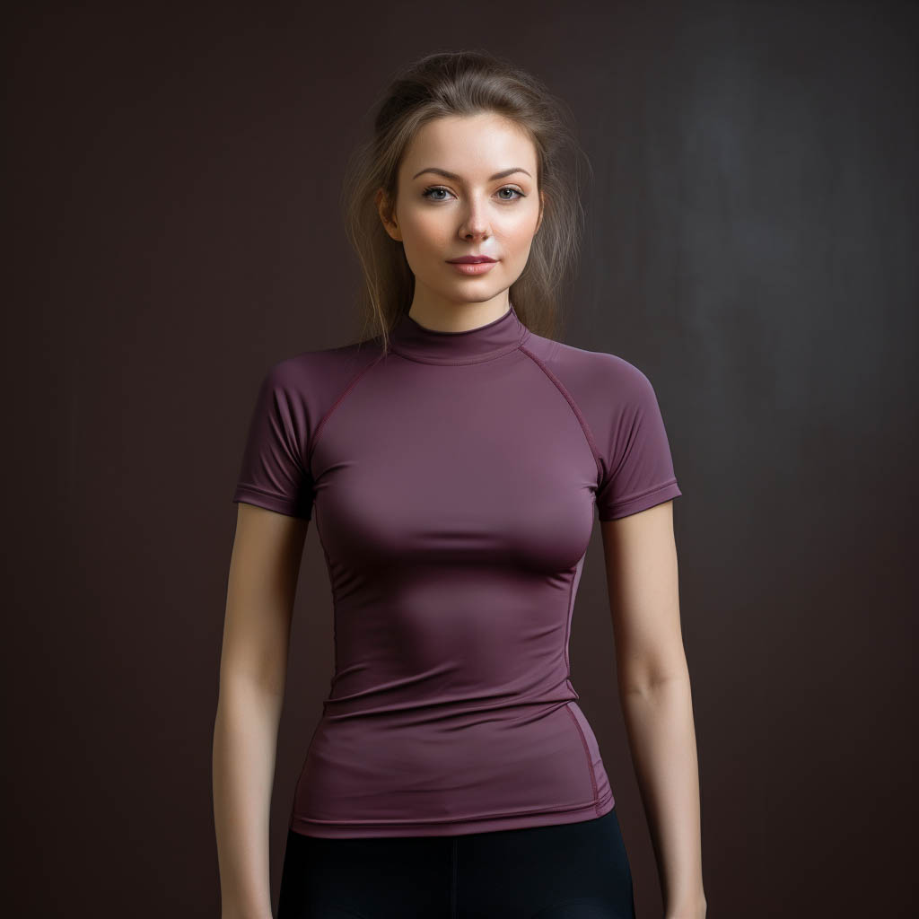 A woman wears a compression T-shirt made of spandex fabric