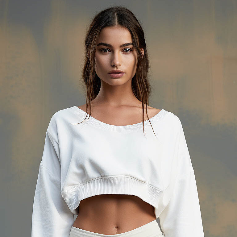 A woman wears a cropped midriff-baring sweatshirt
