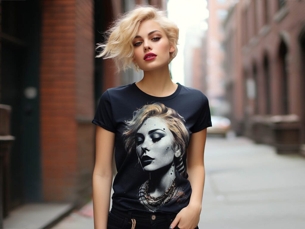 A woman wears a custom T-shirt with a photo print