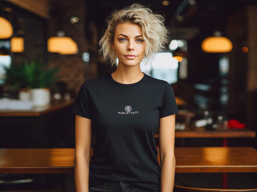 A woman wears a custom T-shirt with the brand's logo