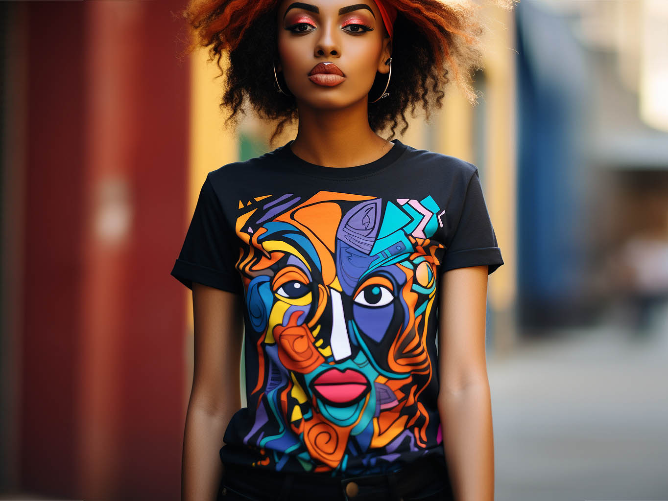 A woman wears a customized T-shirt with creative patterns and colors. The background is a solid color