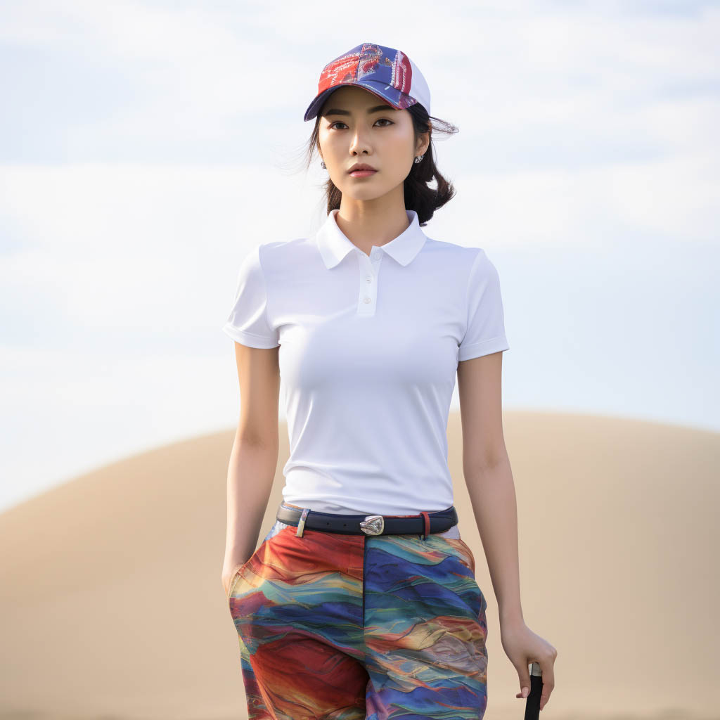A woman wears a golf T-shirt made from zhuxianwei fabric