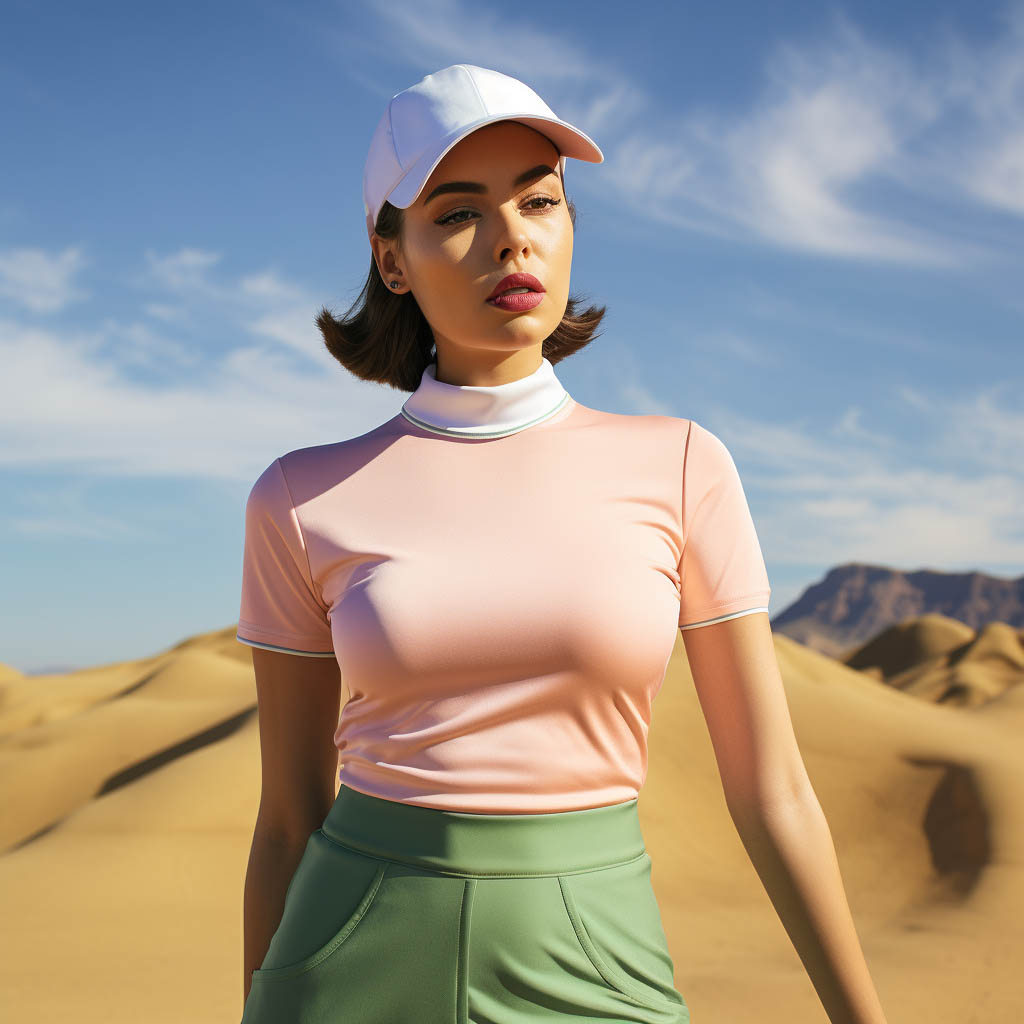 A woman wears a golf T-shirt made of spandex