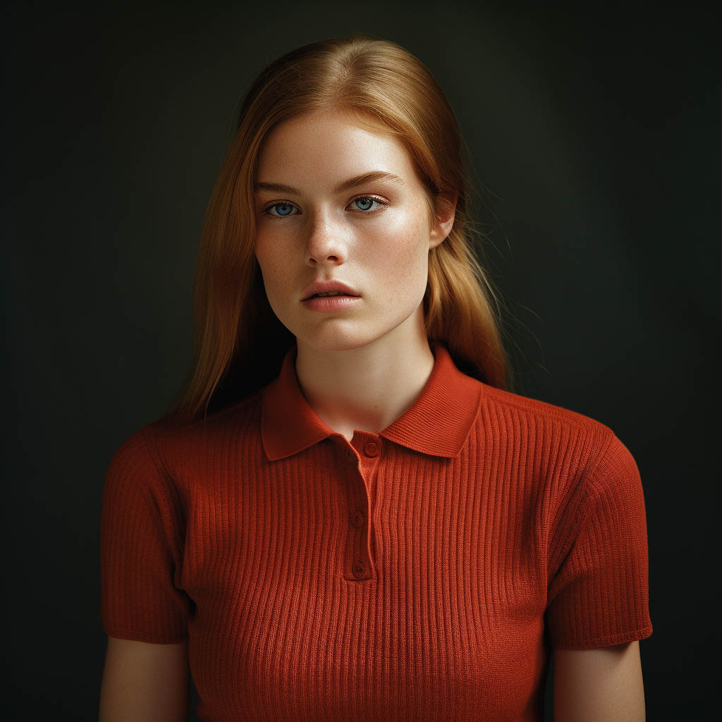 A woman wears a polo shirt made of Jersey Knit fabric