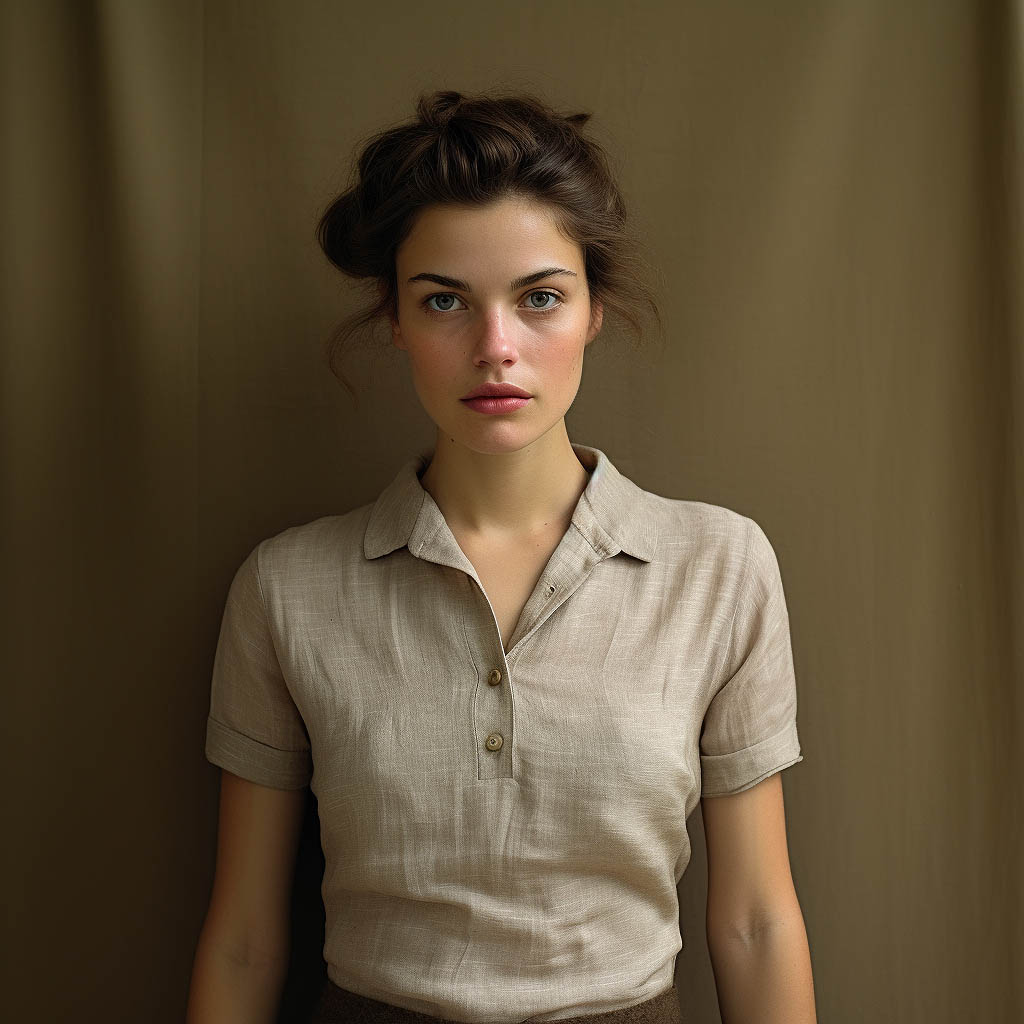 A woman wears a polo shirt made of Linen fabric