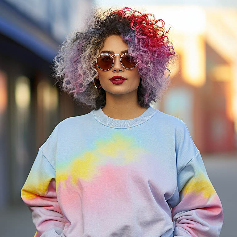 A woman wears an acid wash retro throwback sweatshirt