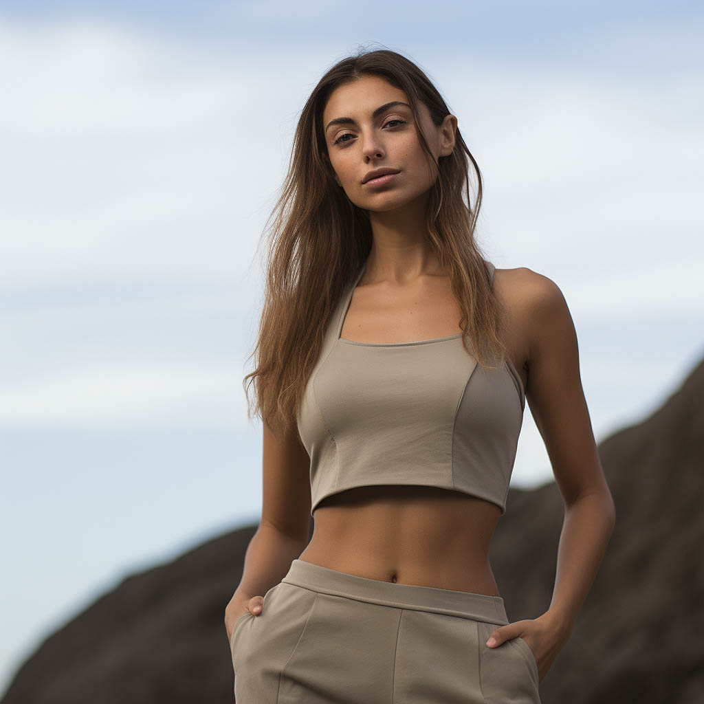 A woman wears an activewear set made of Bamboo fabric fabric