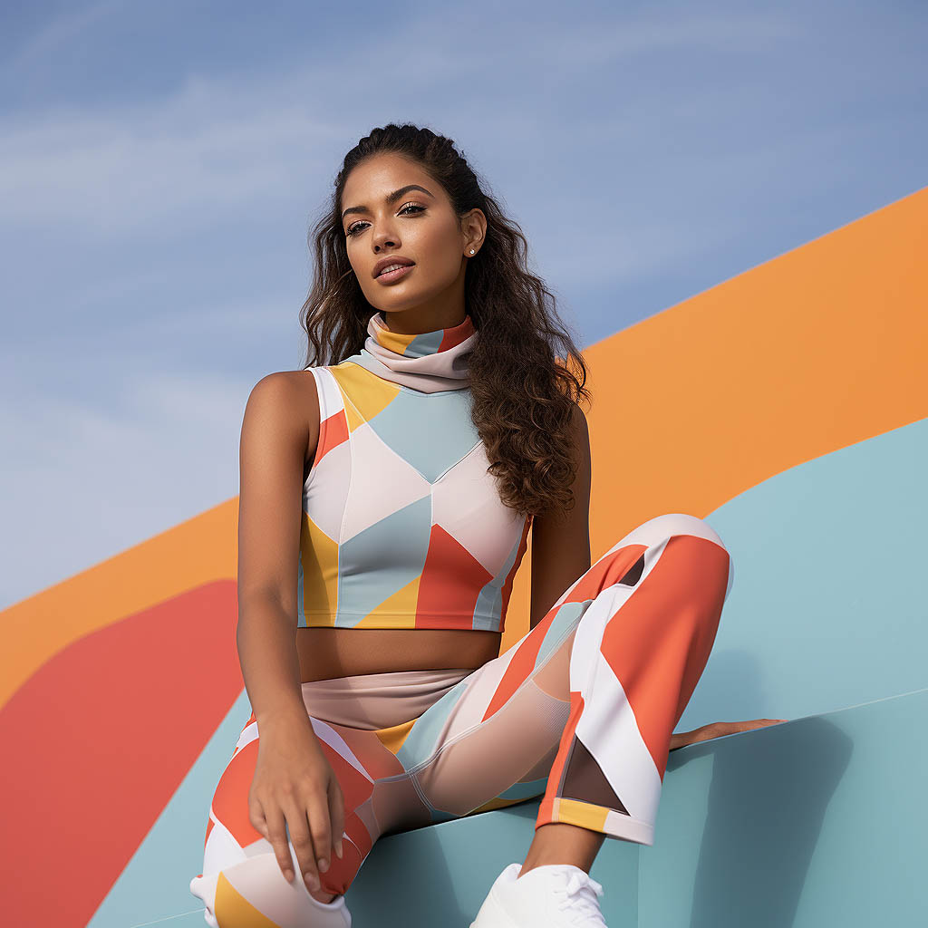 A woman wears an activewear set made of Cotton Blends fabric