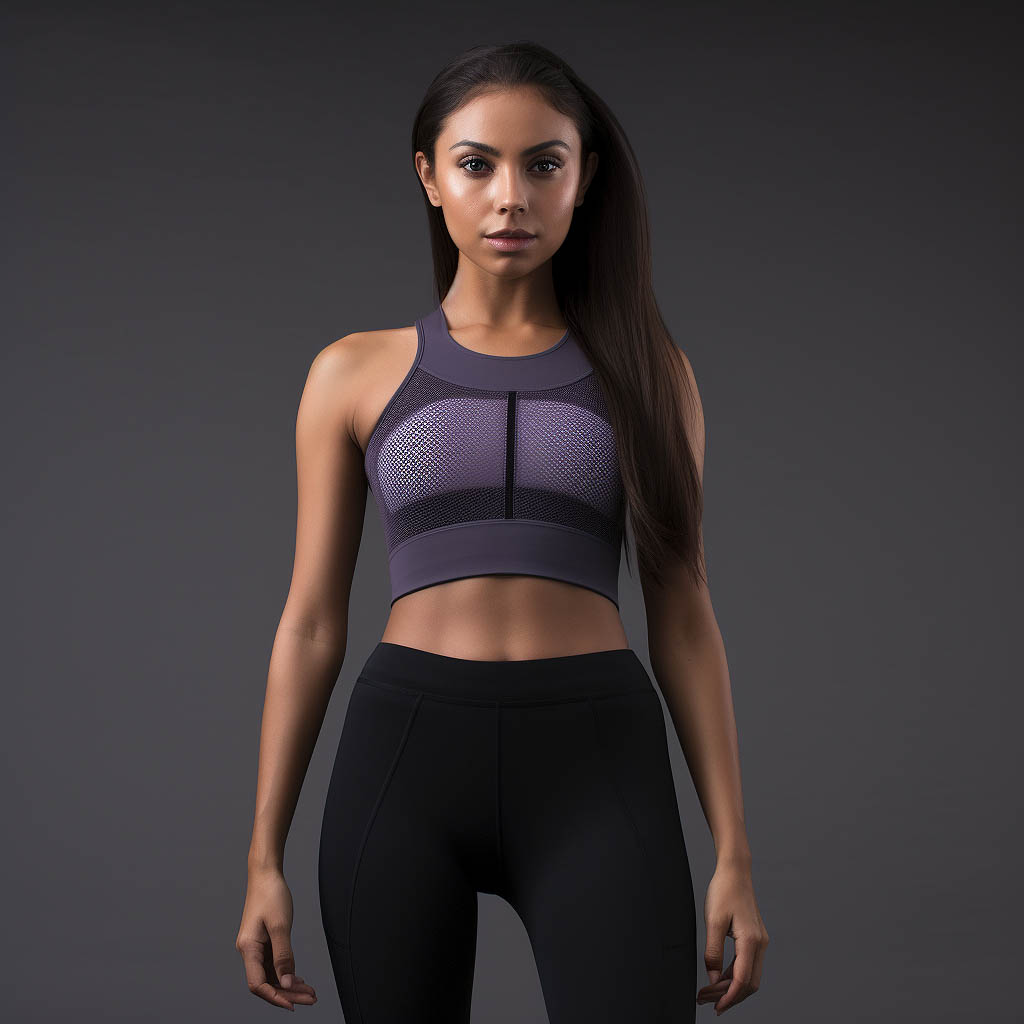 A woman wears an activewear set made of Mesh (Mesh Fabric) fabric