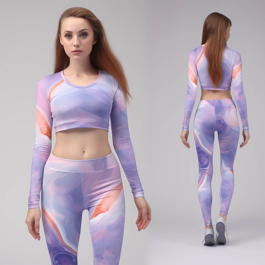 A woman wears an activewear set made of Polyester fabric fabric