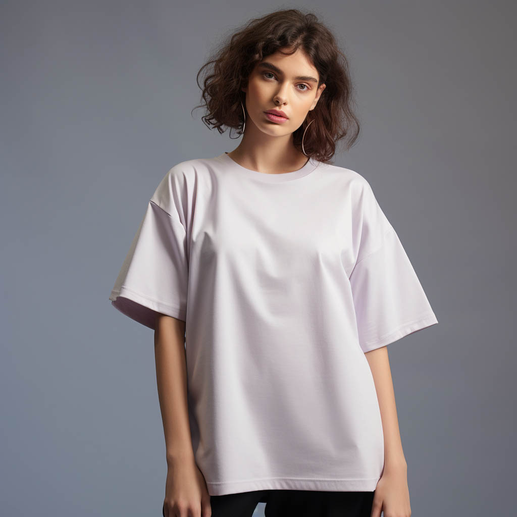 A woman wears an oversized T-shirt made of polyester-cotton blend fabric.