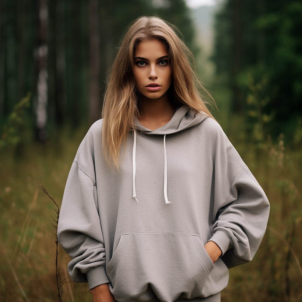 A woman wears an oversized hoodie made from Cotton And Cotton Blends fabric fabric