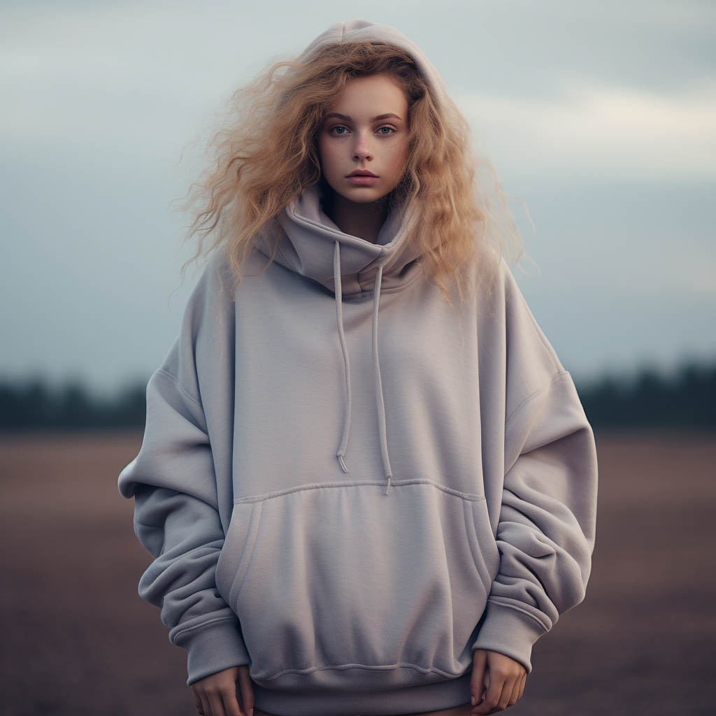 A woman wears an oversized hoodie made from Fleece fabric fabric