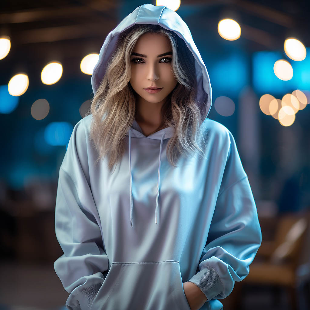 A woman wears an oversized hoodie made from Polyester And Polyester Blends fabric fabric