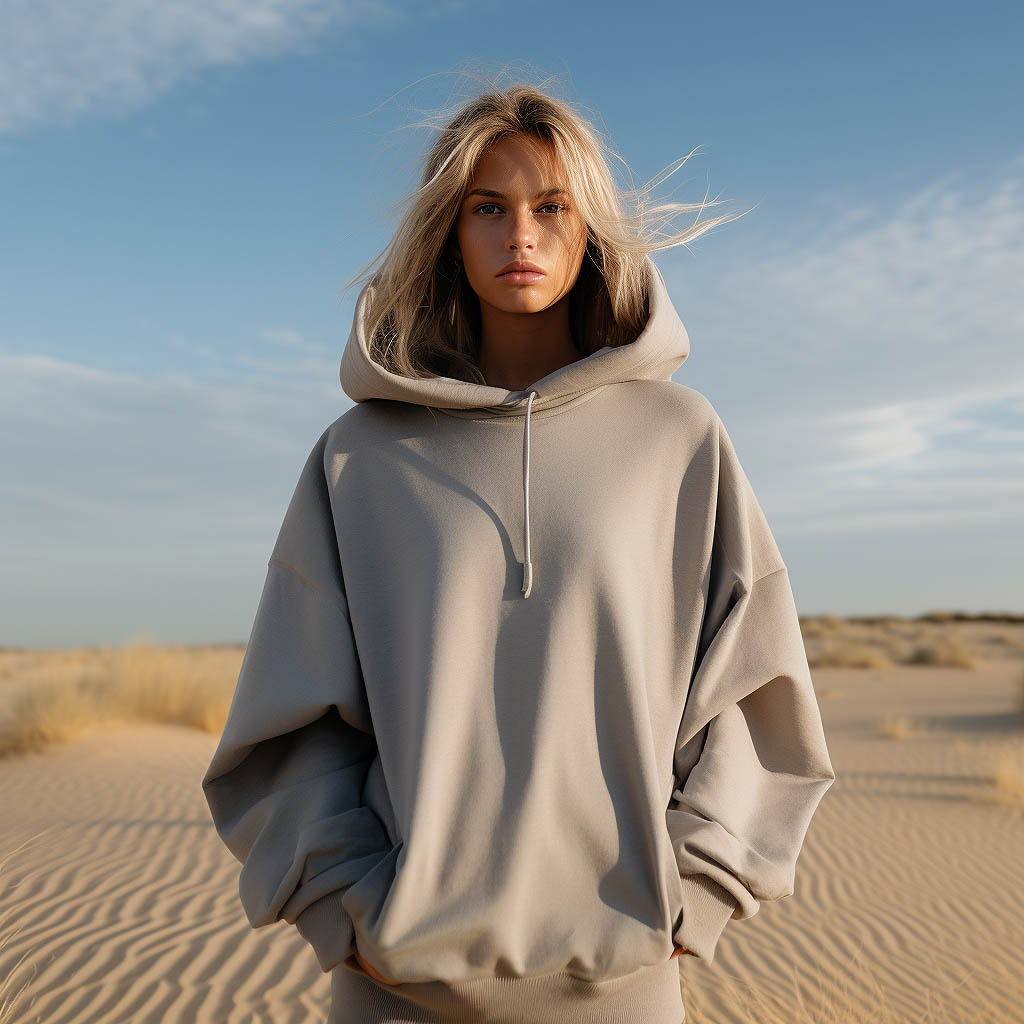 A woman wears an oversized hoodie made of French Terry fabric