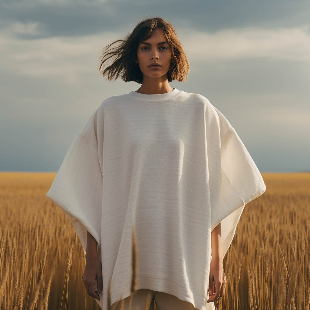 A woman wears an oversized t-shirt made of knitted cotton fabric