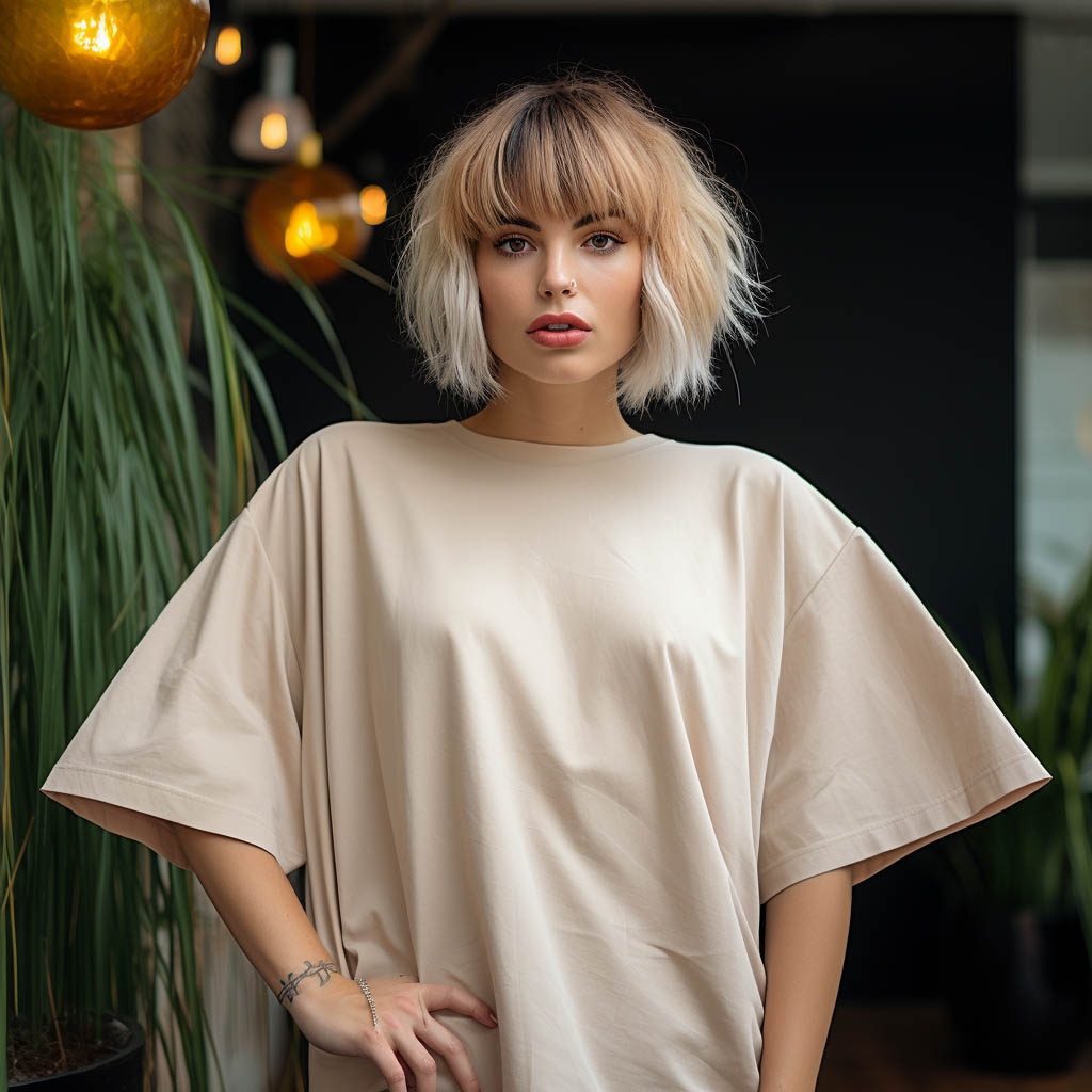 A woman wears an oversized t-shirt made of rayon fabric cloth