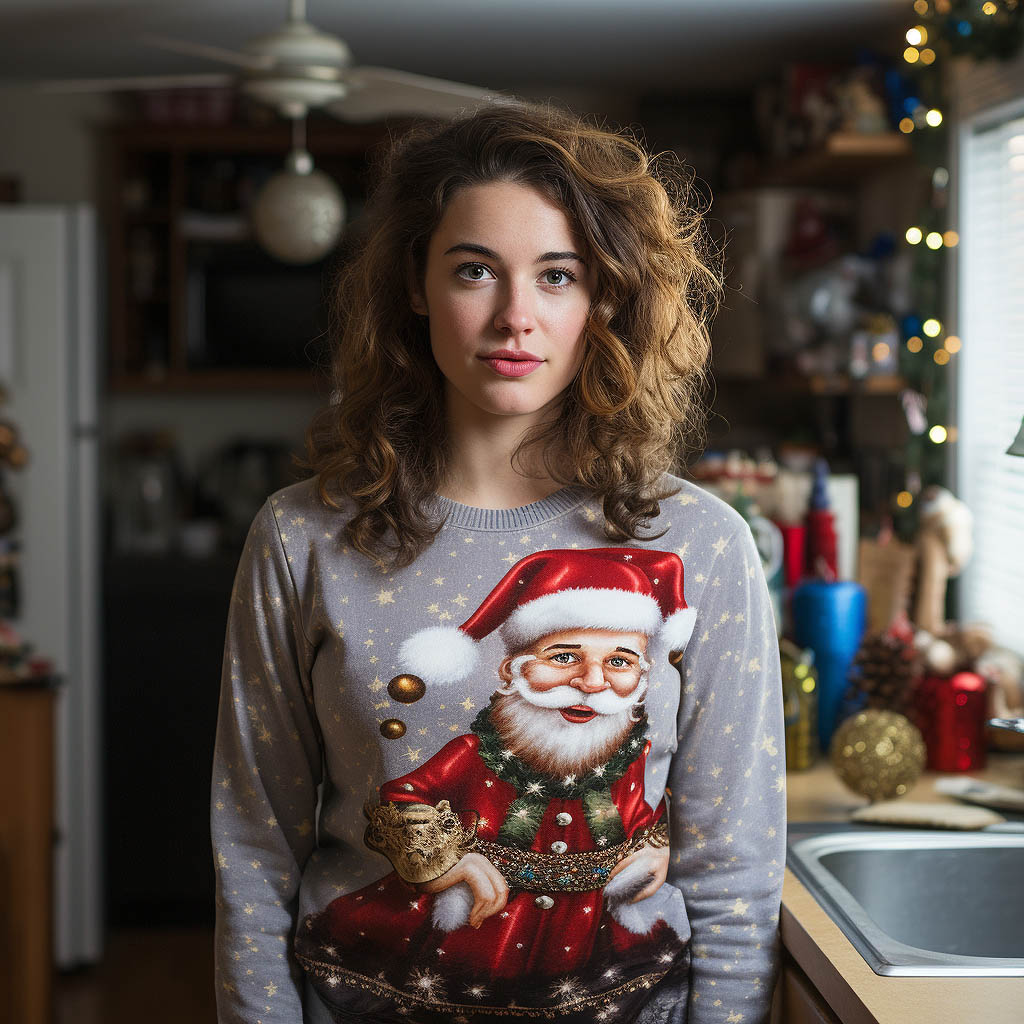 A woman wears an ugly Christmas sweatshirt