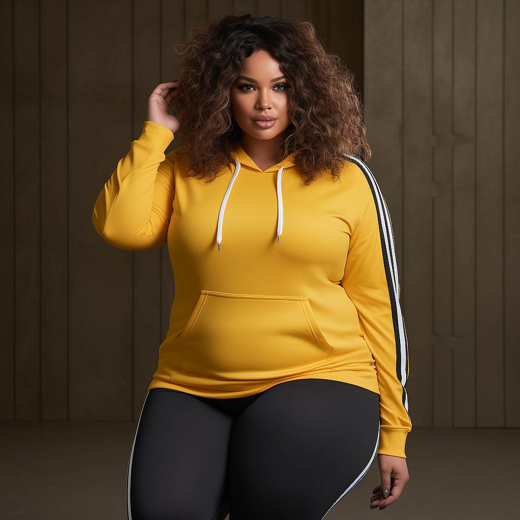 A woman wears plus size activewear made of cotton blend fabric