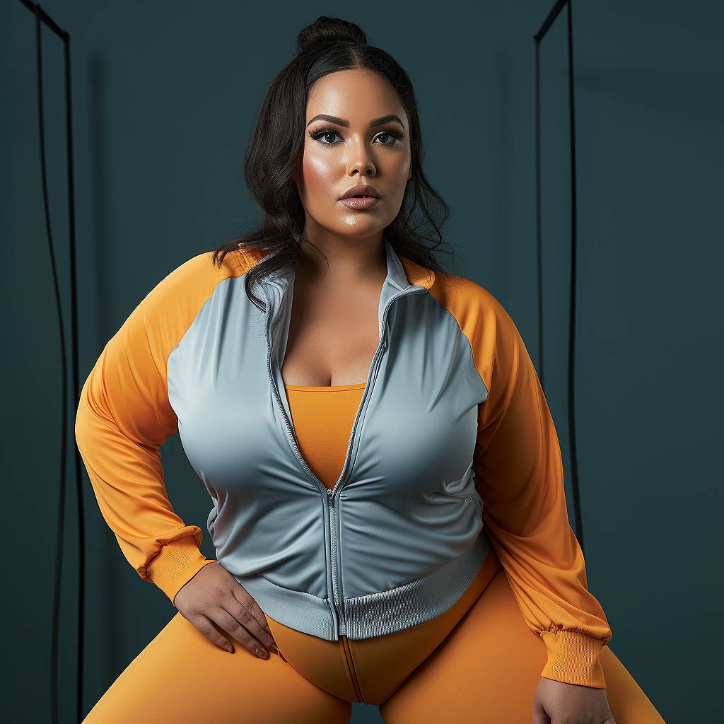 A woman wears plus size activewear made of nylon fabric