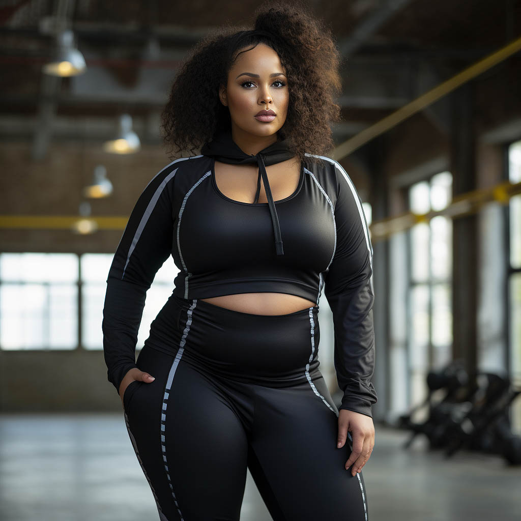 A woman wears plus size activewear made of polyester fabric
