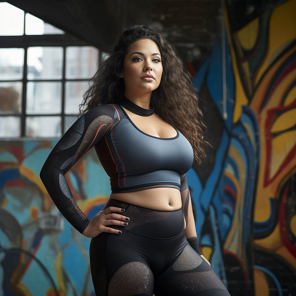 A woman wears plus size activewear made of spandex fabric