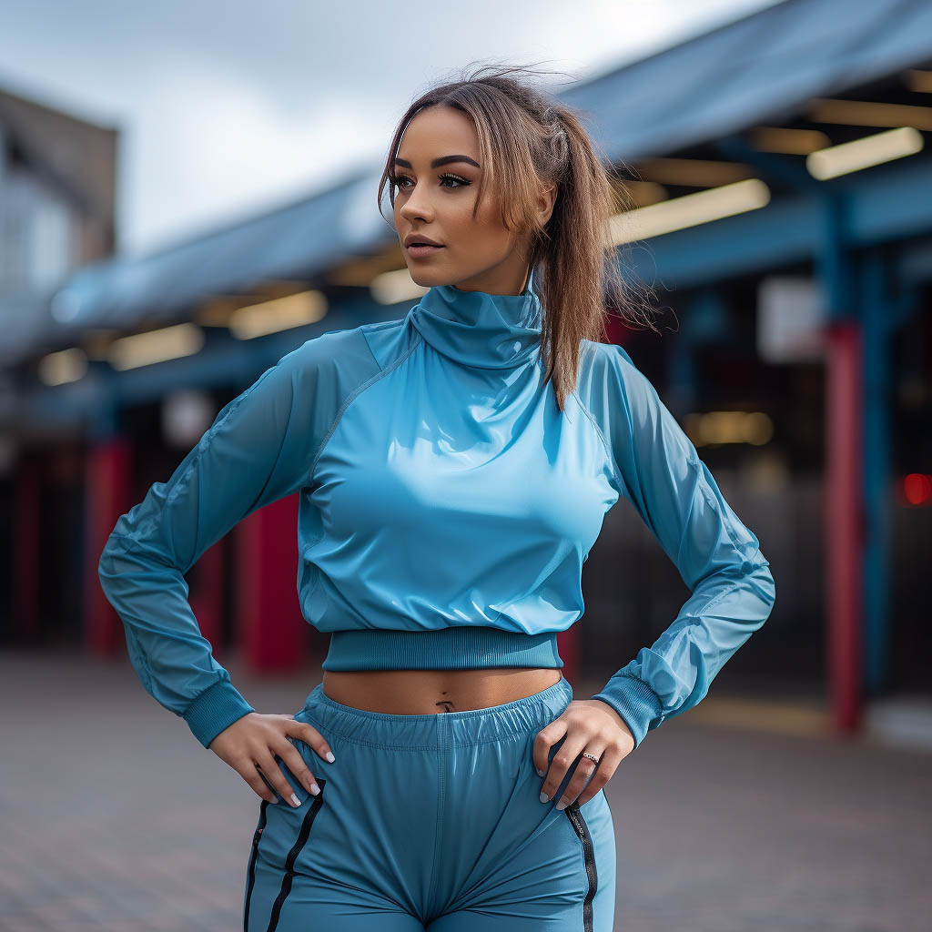 A woman wears women's sportwear made of Nylon fabric fabric