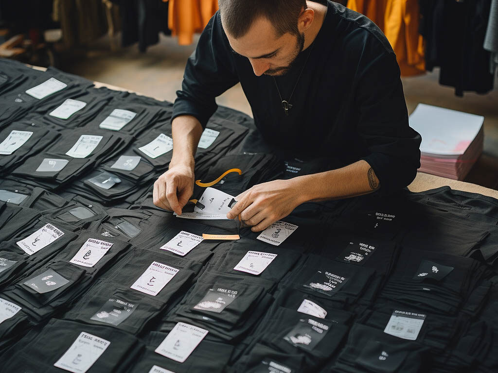 A worker adds labels to clothing