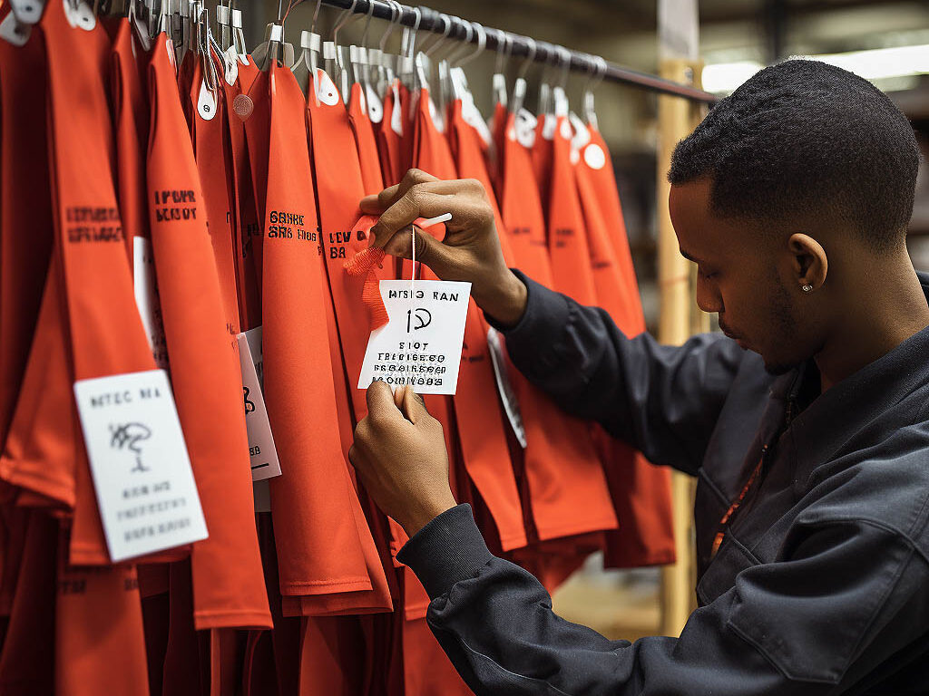 A worker adds labels to clothing